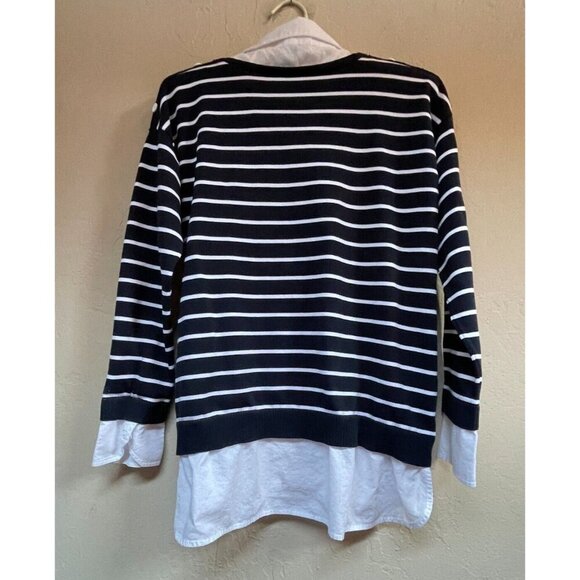 Leo & Ugo Womens Striped Collared Shirt Style Collar Sweater Size 2 Navy White - Picture 2 of 9